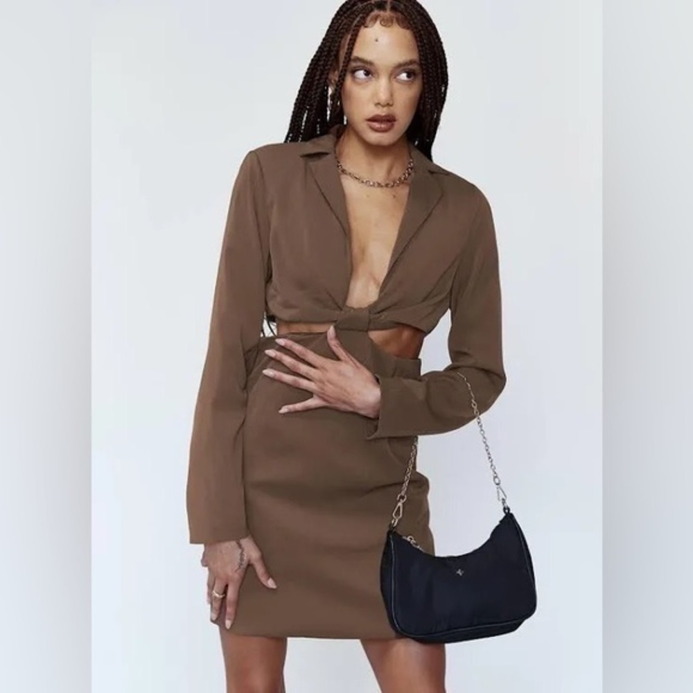 Princess Polly Brown Cut Out Celeste Long Sleeve Mini Dress Sz.2 NWT!